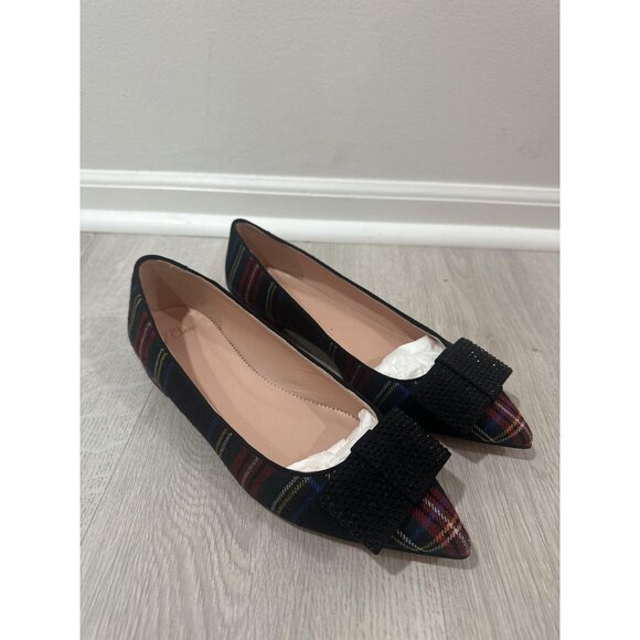 J Crew Pointed Toe Flats Womens Sz 9.5 Black Tartan Plaid Rhinestone Bow Preppy - Picture 2 of 9